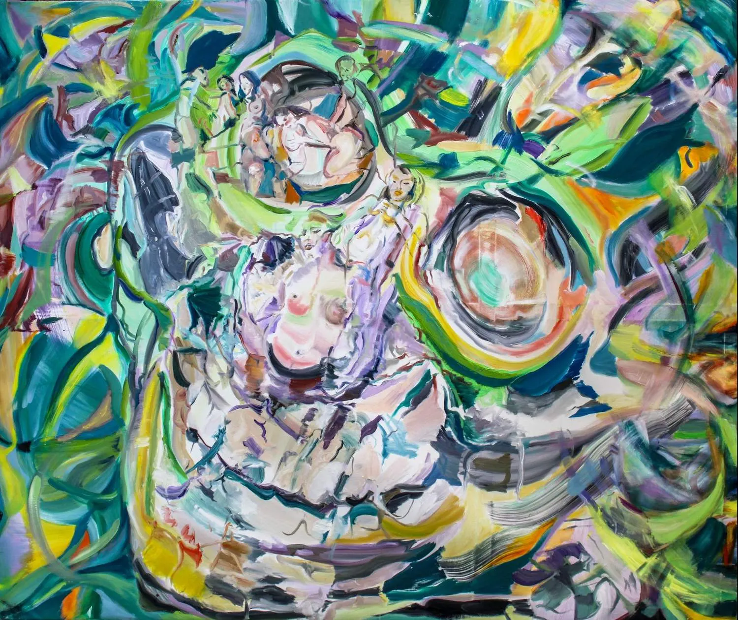Abstract oil painting with swirling green, teal and yellow brushstrokes surrounding fragmented nude female figures.