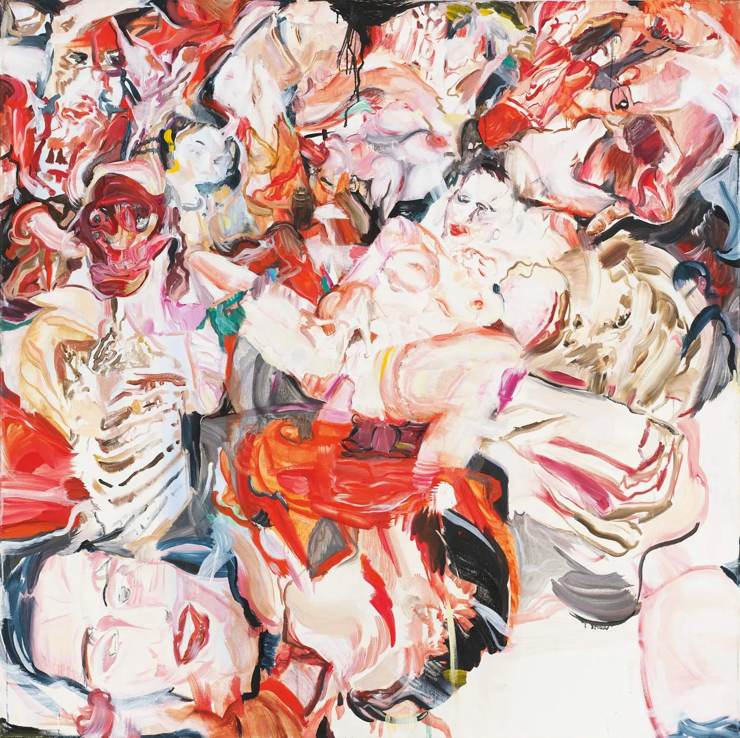 An abstract figurative painting of overlapping nude and clothed figures and faces in red, pink and white oil paint, densely layered across the canvas.