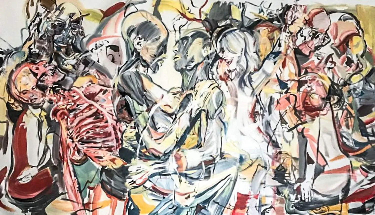 An expressionist oil painting of a tightly packed crowd with overlapping faces, one figure showing exposed rib bones and red flesh, in muted grey, ochre and white tones.