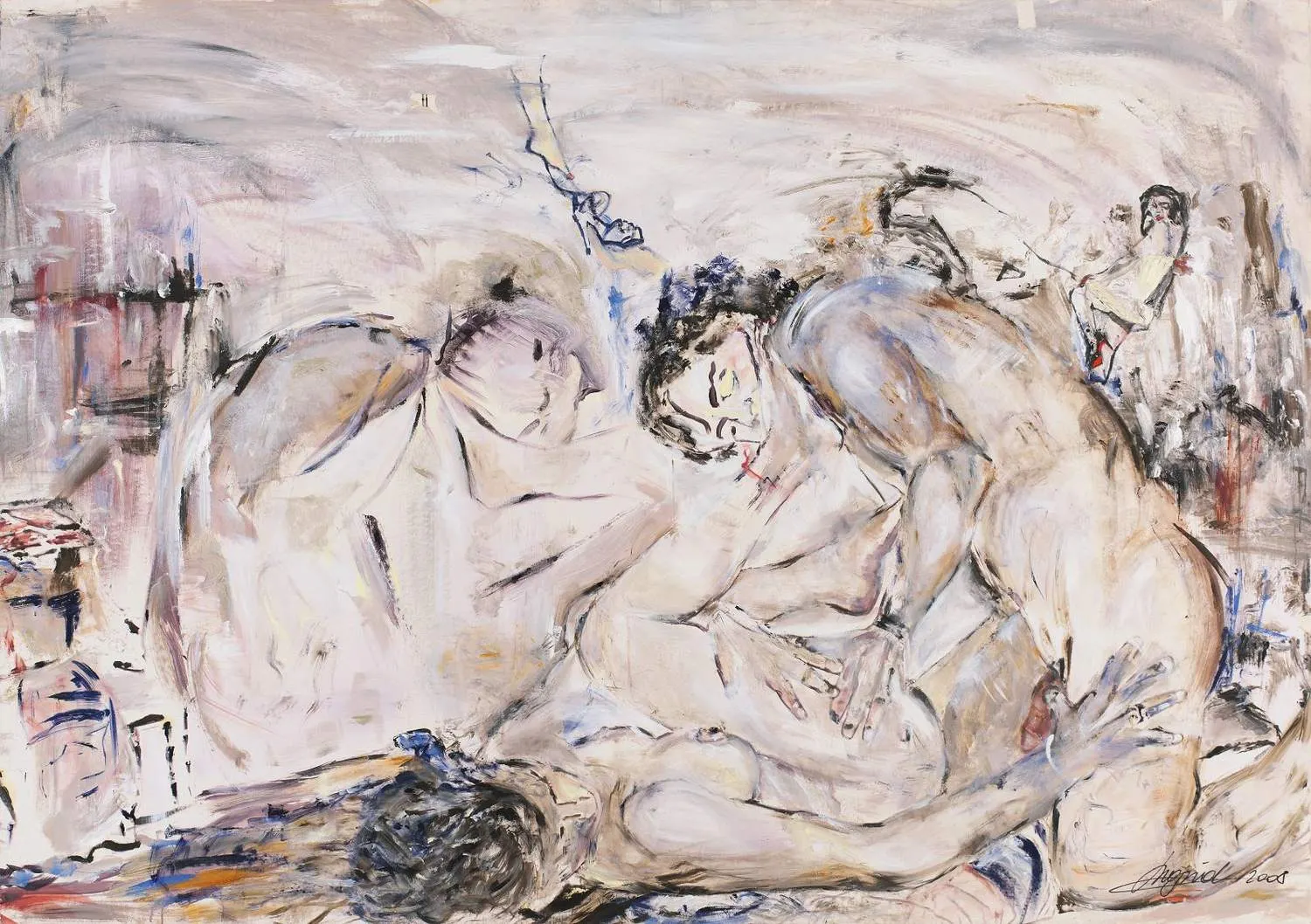 Oil painting of several intertwined nude figures in pale pink and white tones with loose expressive brushwork, and a small clothed figure seated in the upper right corner.