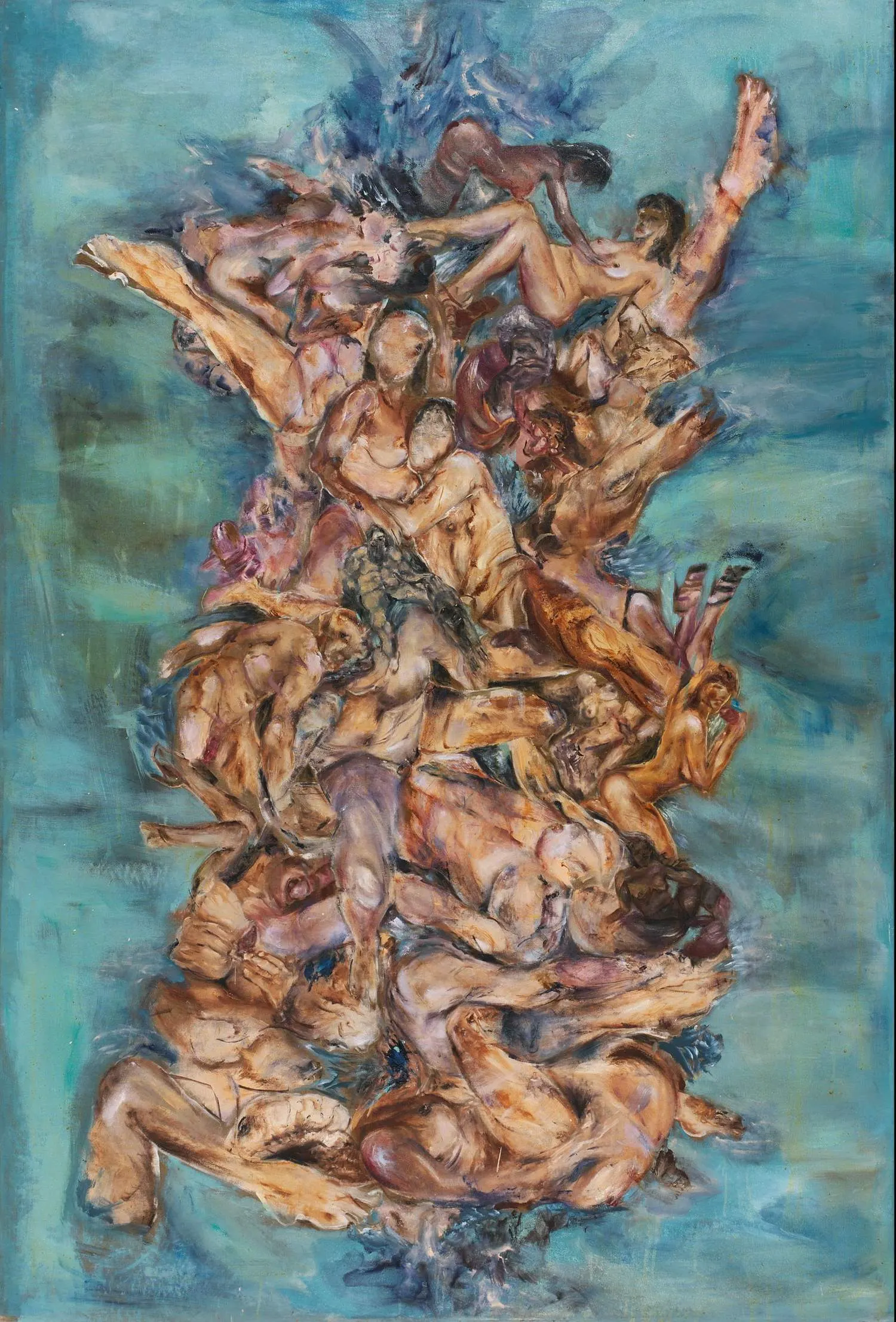 An abstract oil painting of many intertwined nude human figures forming a rising column against a turquoise background, with one figure reaching upward at the top.