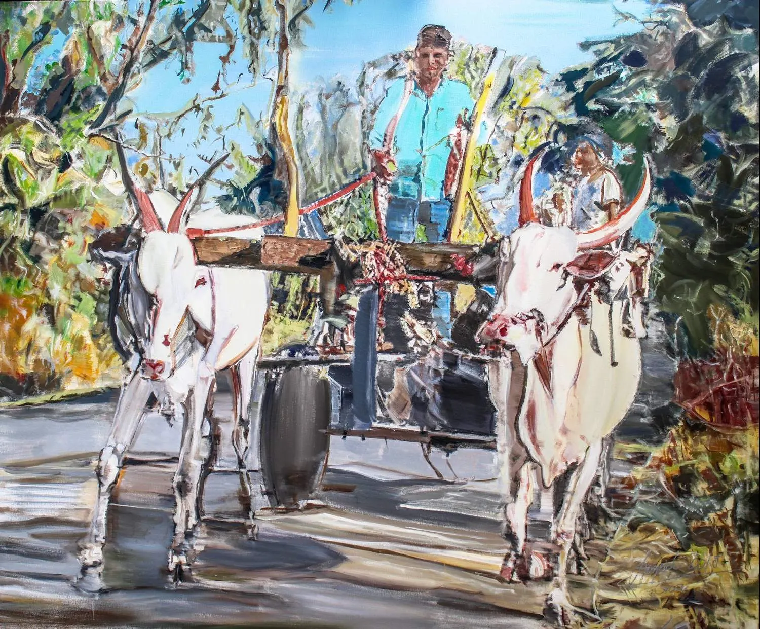 Oil painting of two white oxen with red-painted horns pulling a wooden cart carrying a man in a turquoise shirt, on a tree-lined road.