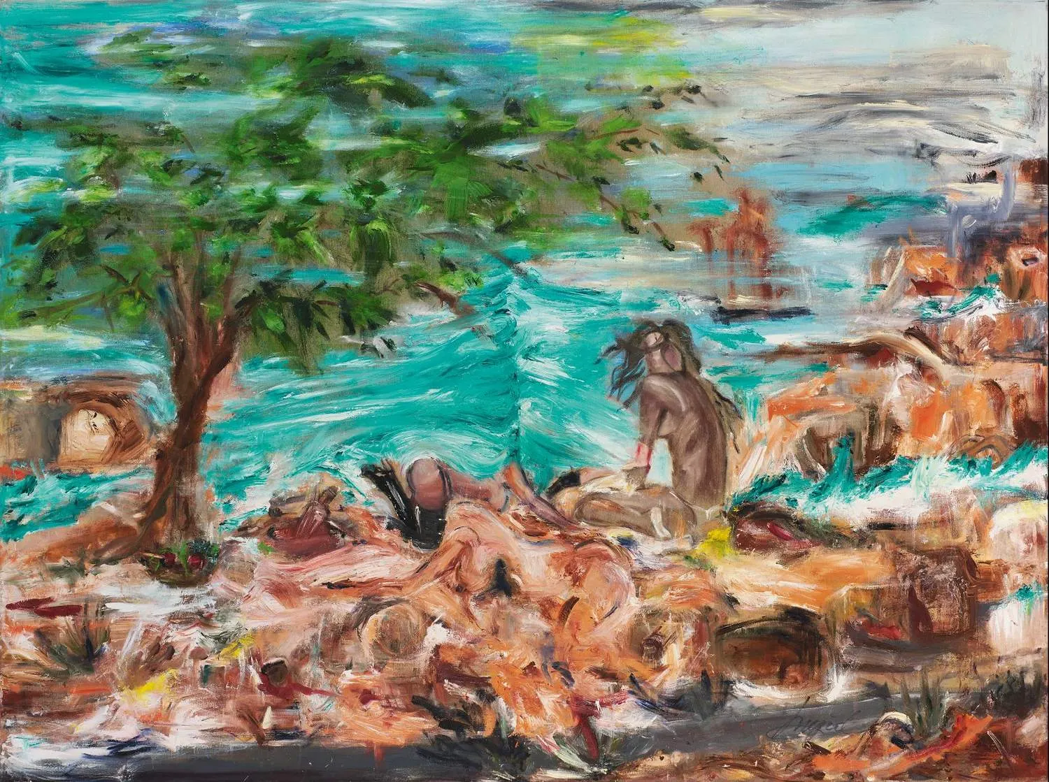 Oil painting of two nude women resting on ochre rocks beside a turquoise sea, with a green tree and windswept branches in the foreground.