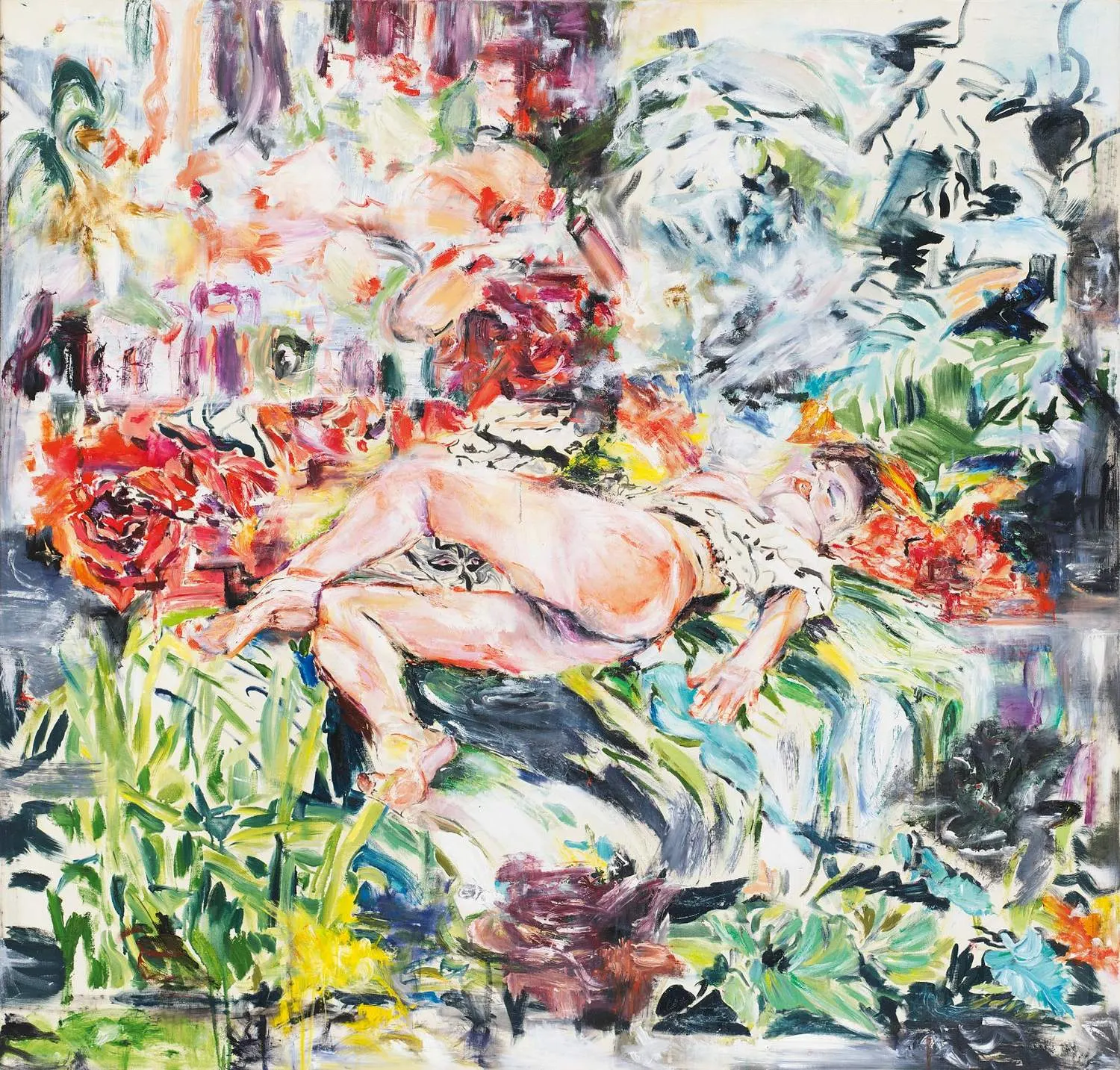 An oil painting of a nude woman reclining and sleeping amid red roses and green foliage.