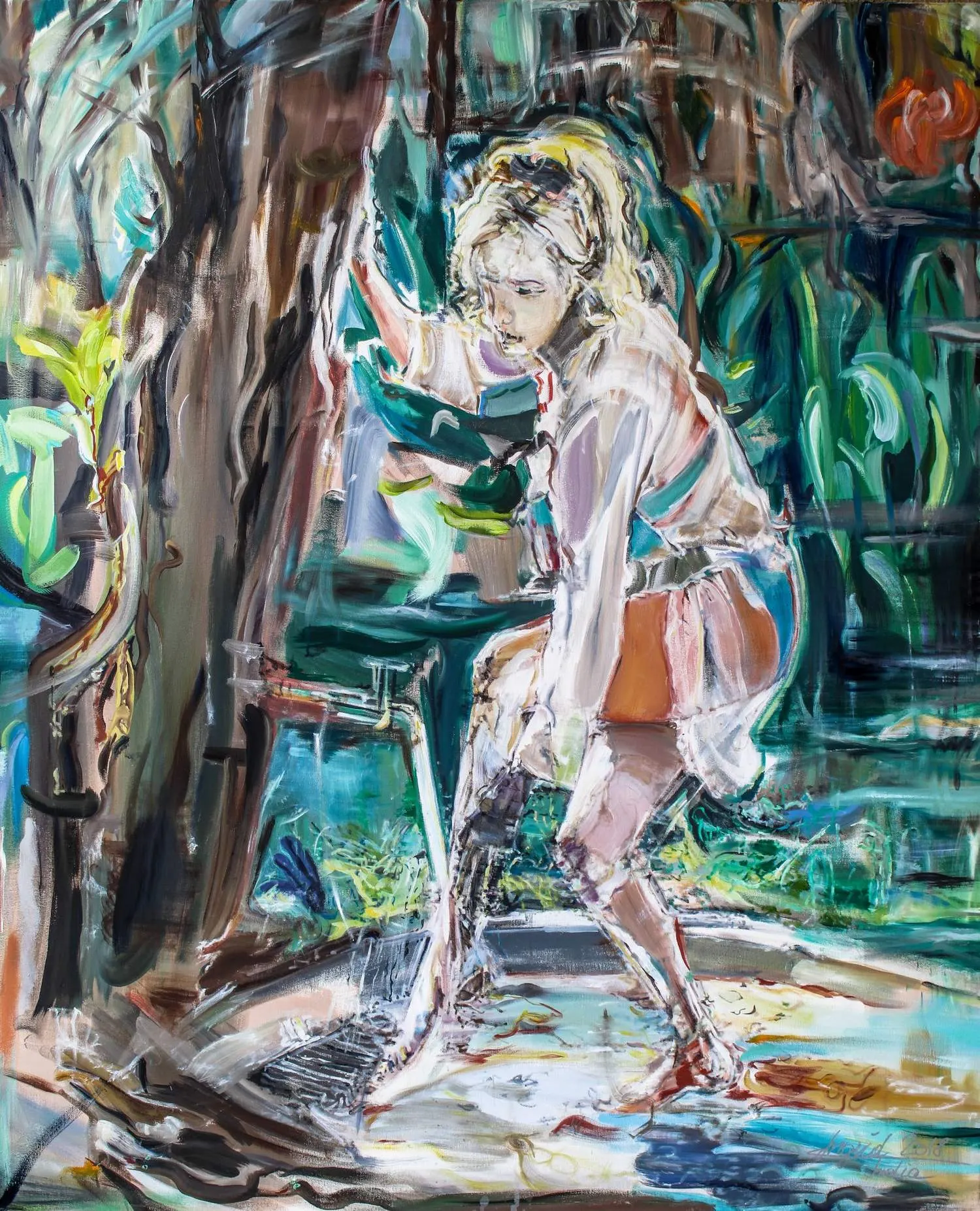 Painting of a young blonde woman in a striped robe bending forward barefoot in a dense green forest interior with a small orange flower in the background.