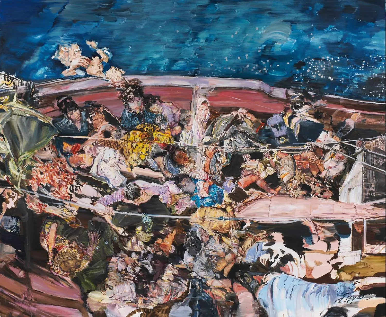 Oil painting of a crowded boat at night with entangled, exhausted figures and distant lights on the horizon.