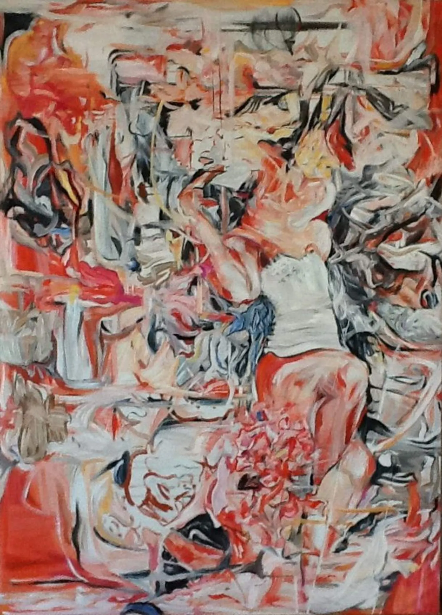 Oil painting of a woman seen from behind, bending forward over a cluster of red strawberries amid swirling red, white and black brushwork.