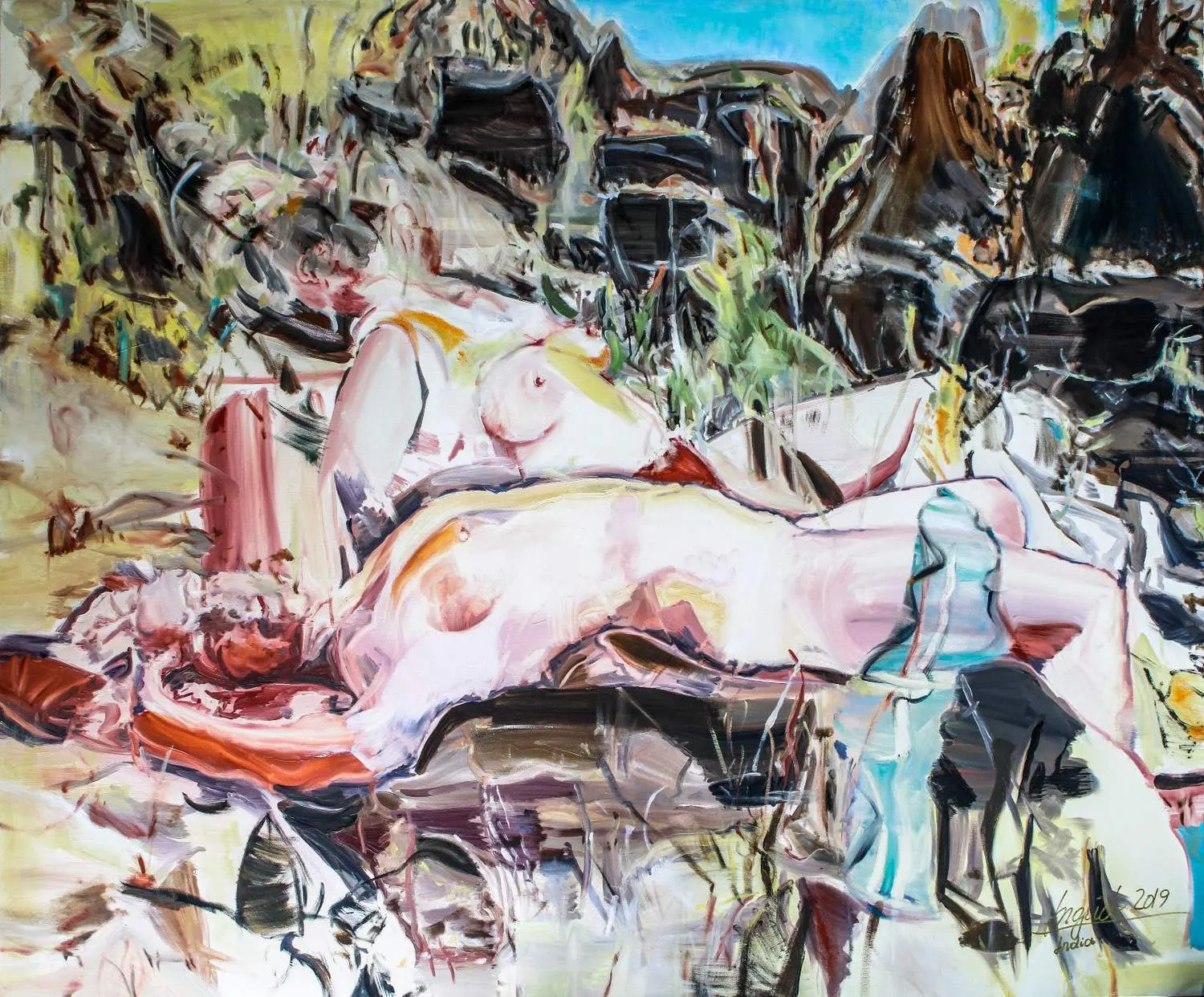 Oil painting of two nude women reclining together in a rocky ruined landscape, painted in loose expressive brushstrokes with a strip of blue sky above.