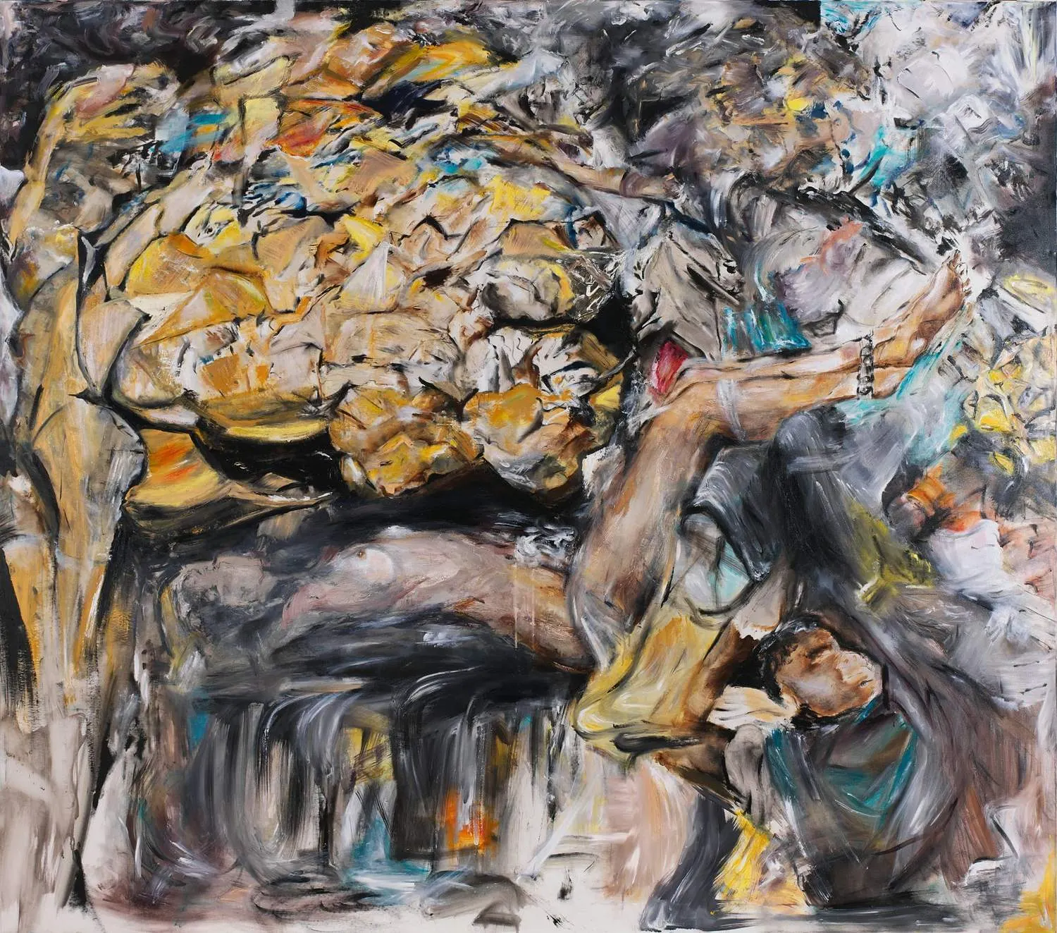 Oil painting of a nude figure lying beneath a large chaotic mass of golden, white and grey abstract forms, with a second darker figure crouched to the right, one raised leg bound at the ankle with a chain.