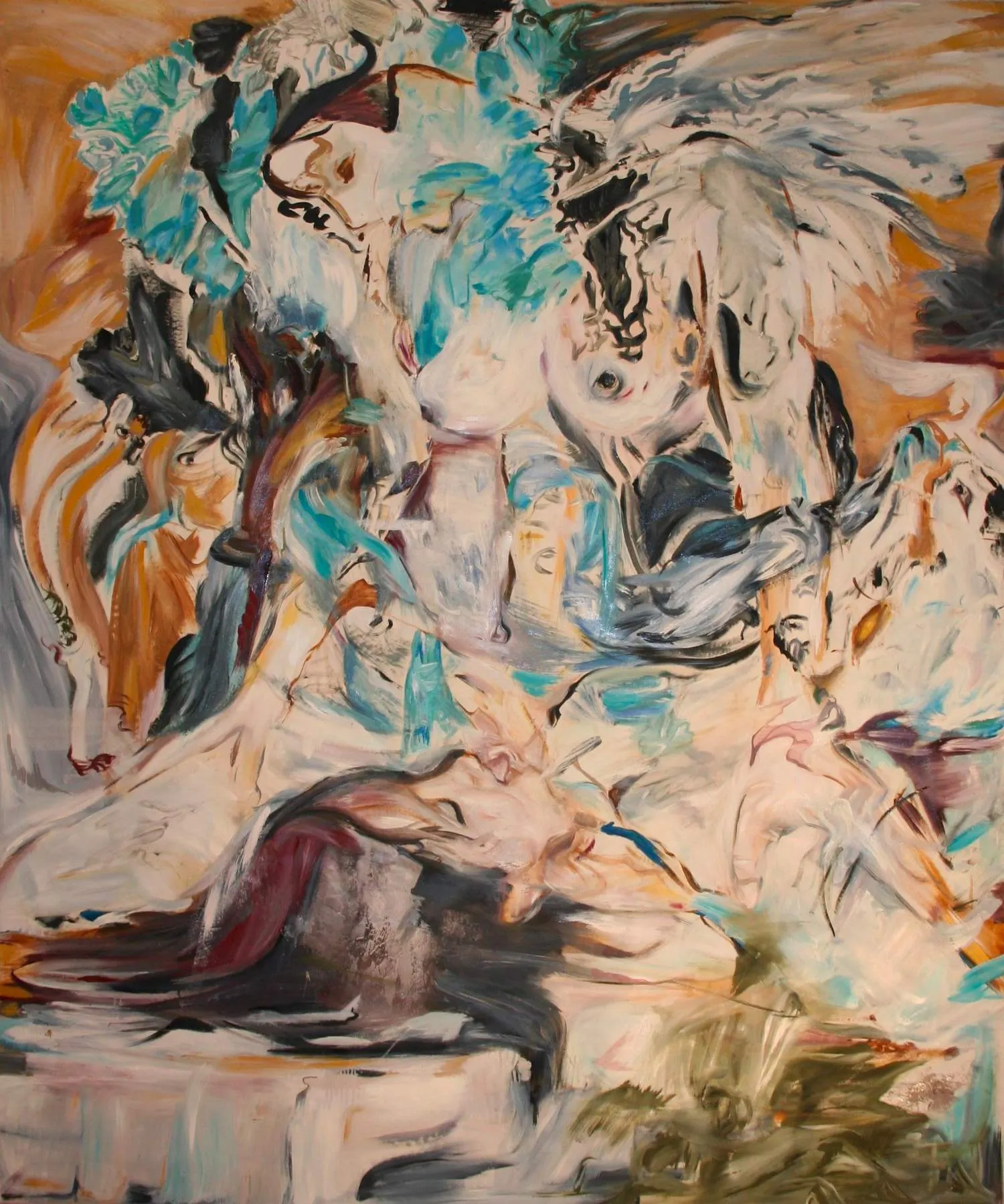 Abstract expressionist oil painting with sweeping strokes of orange, white, teal and dark maroon.