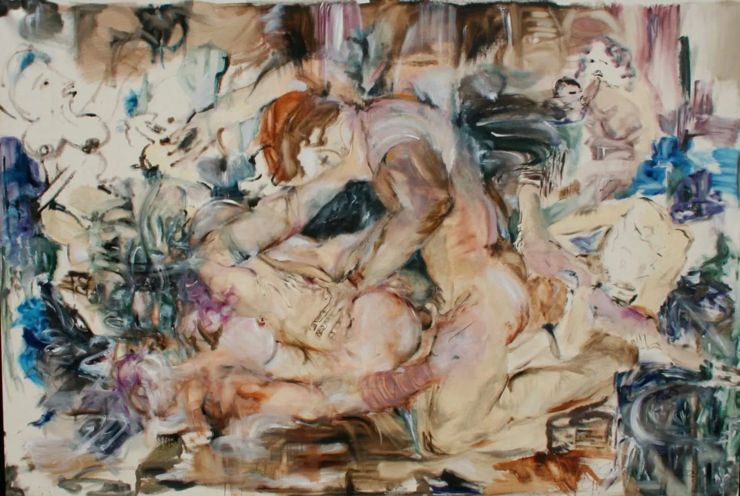 Abstract expressionist oil painting of two nude figures embracing, their bodies merging in loose warm-toned brushwork with blue and violet accents around the edges.