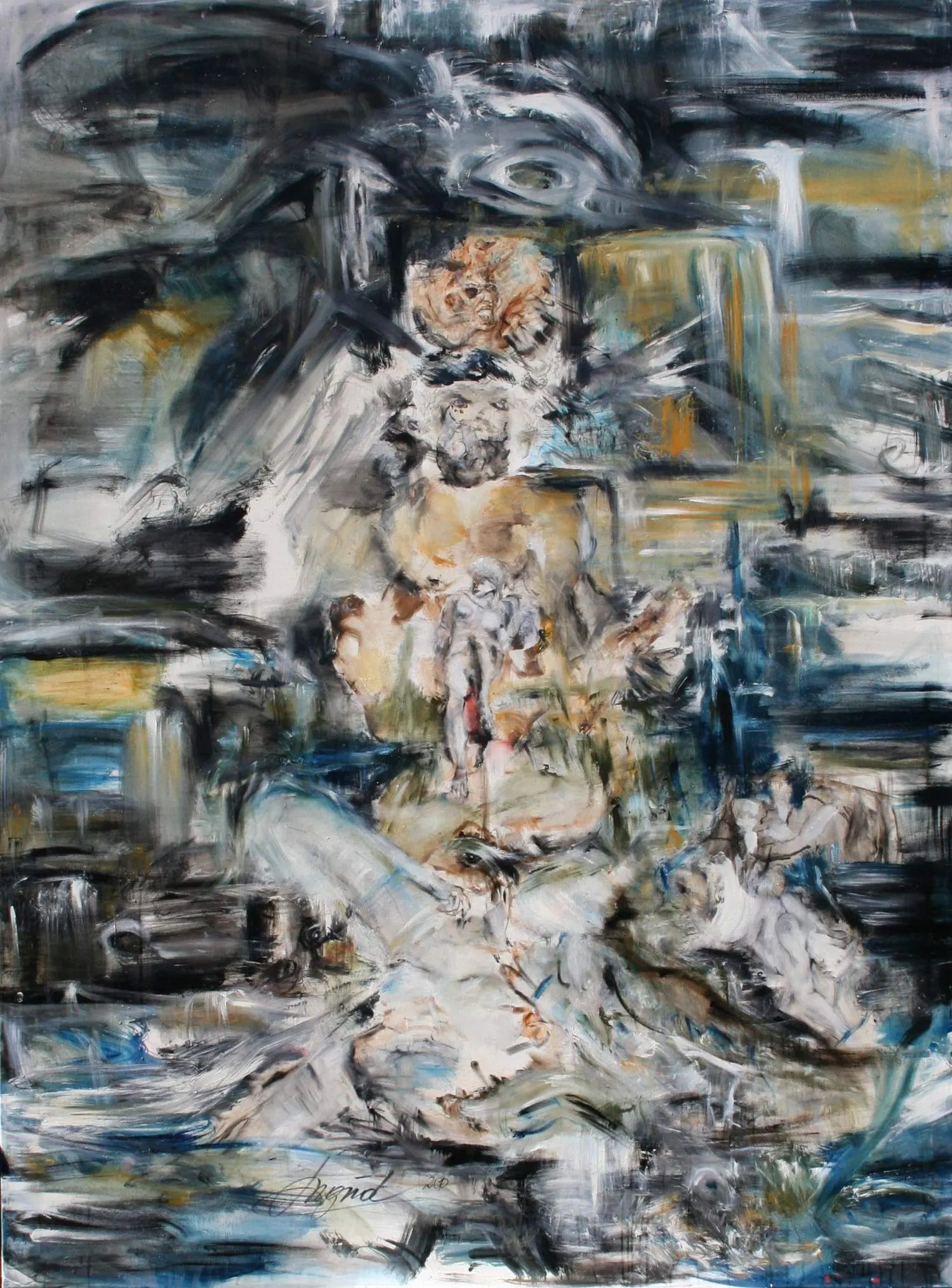 Abstract oil painting dominated by grey and black storm-like brushwork, with a large weathered sculpted head at the top, a small pale nude figure with a red vertical line below it, and a cluster of huddled figures to the lower right.