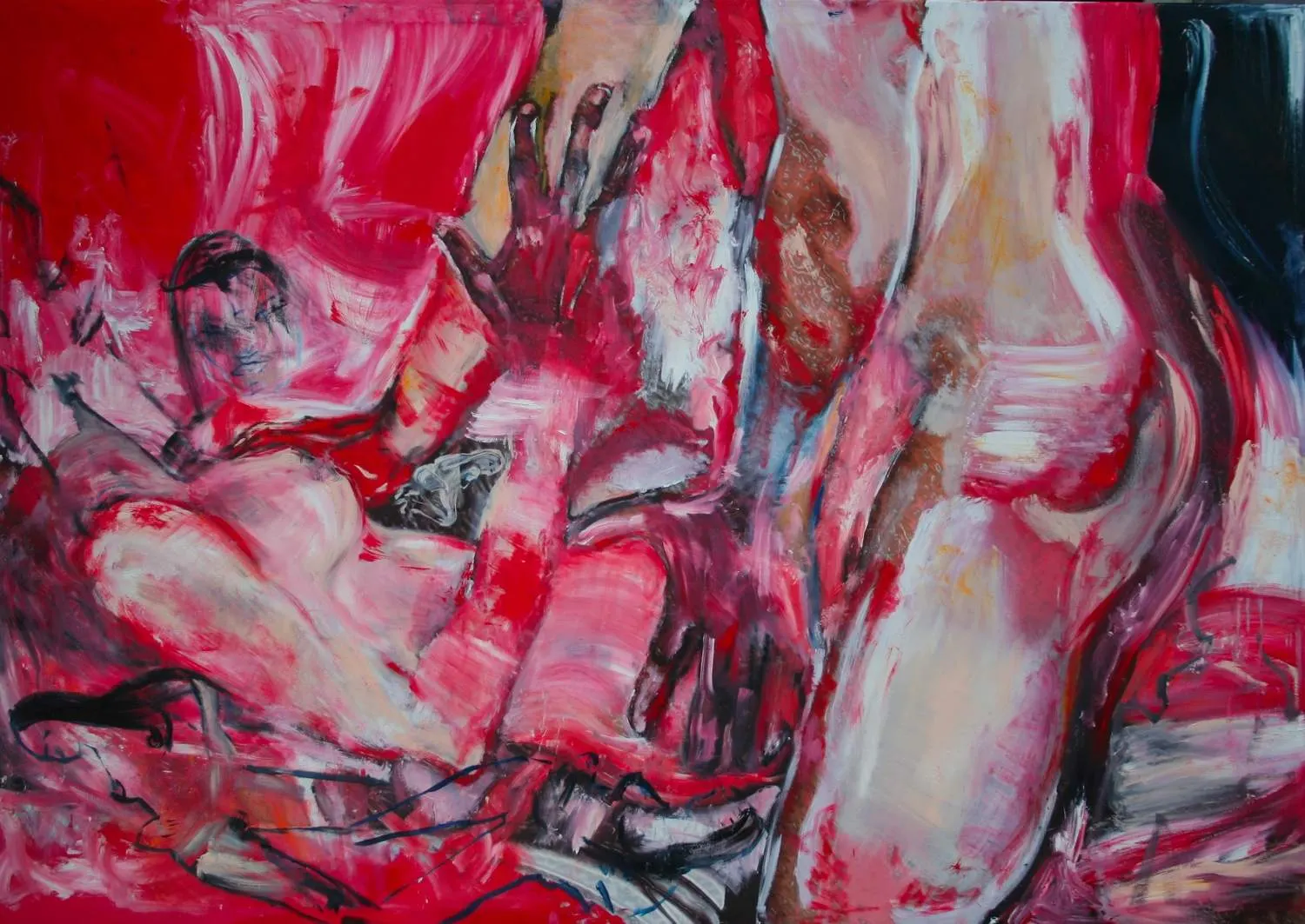 Painting of two nude figures in red, white and black, one reclining with a loosely sketched face, one hand raised, and a cropped torso, in thick expressionistic brushstrokes.