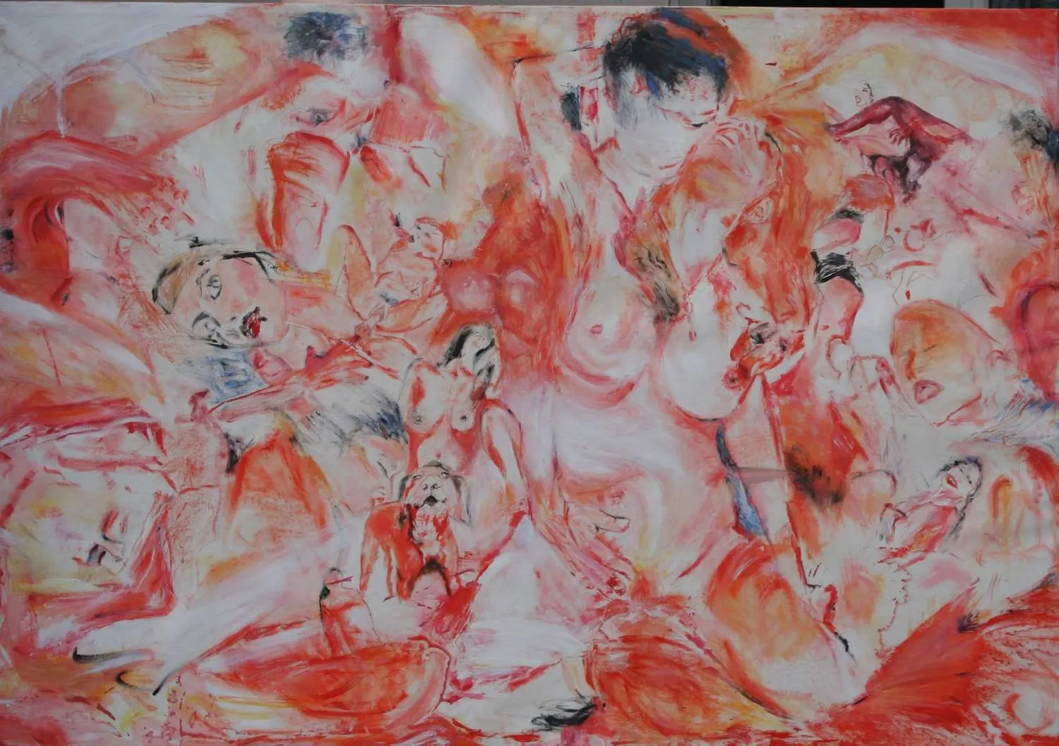 Large abstract expressionist oil painting in red, orange and white depicting overlapping nude figures and faces in a chaotic crowd-like composition.