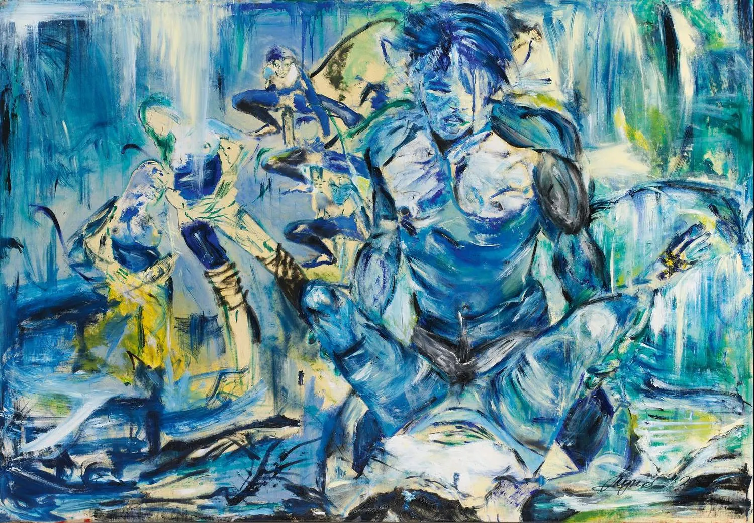 Abstract oil painting in blue and green tones of a crouching muscular blue humanoid figure with smaller figures in the background.