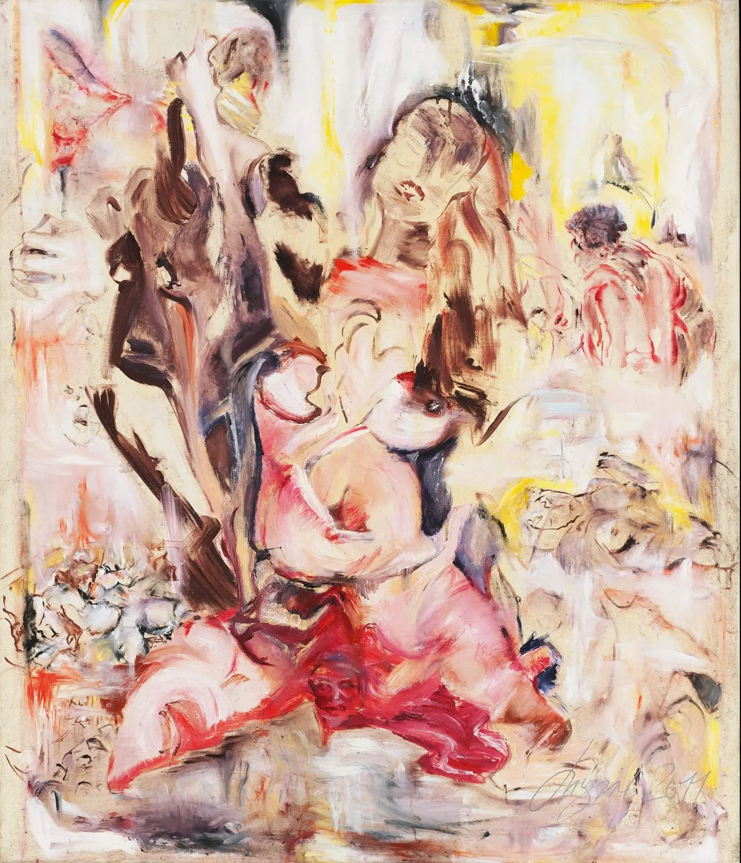 Abstract expressionist oil painting of overlapping nude figures in pink, red and brown tones against a yellow background.