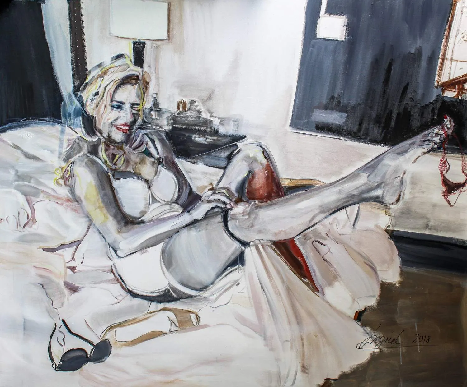Oil painting of a woman reclining on a bed in white underwear with one leg raised, a red garter dangling from her toes.