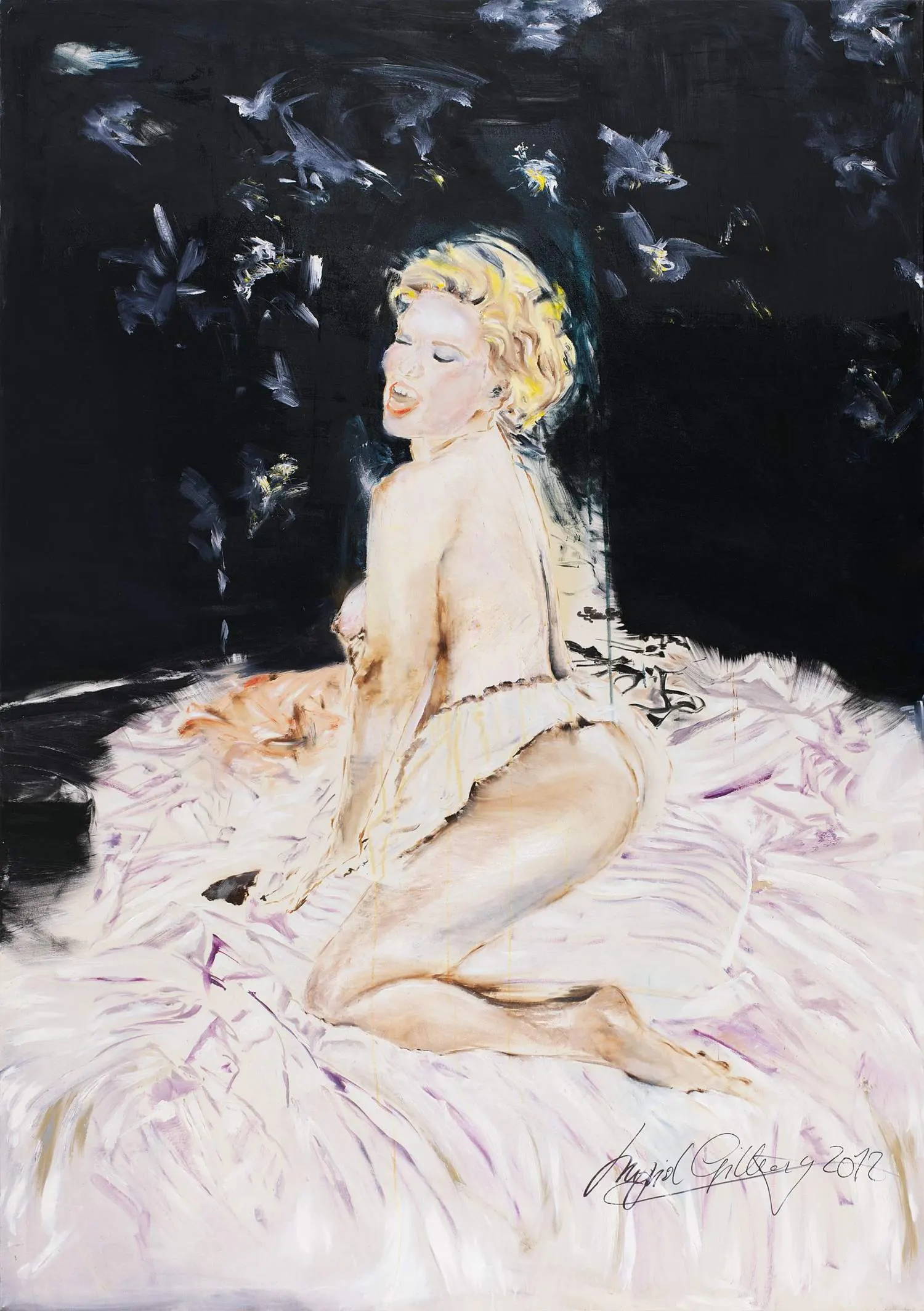 Oil painting of a nude blonde woman kneeling on rumpled white and lavender fabric, twisting to glance back over her shoulder, with pale bird-like shapes scattered across a dark background.