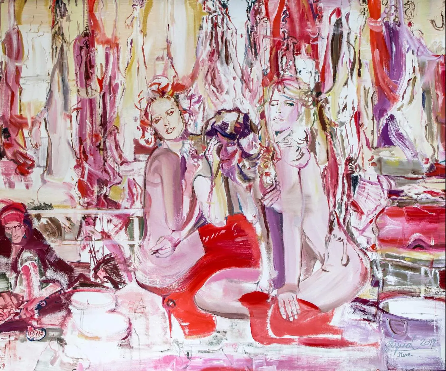 Oil painting of two pale nude women in red high-heeled shoes crouching among rows of hanging meat, with an older woman in a red headscarf sorting meat scraps in the lower left corner, painted in tones of pink, red, and cream.