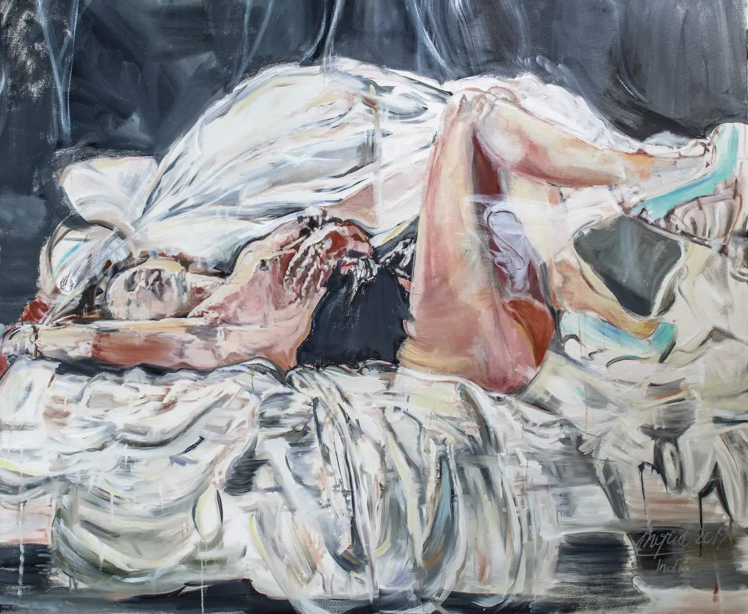 Oil painting of a nude woman lying on white sheets with her knees drawn up, set against a dark background.
