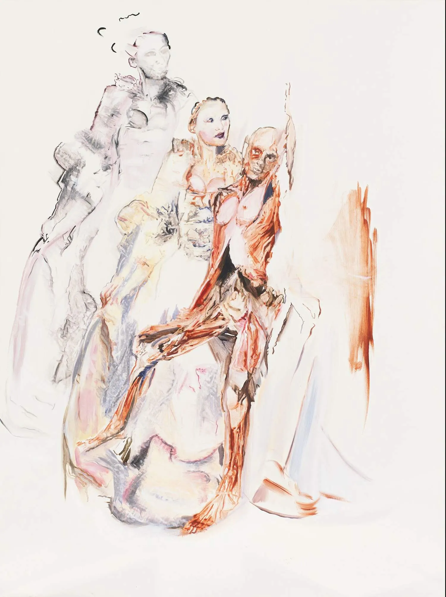 Oil painting of three overlapping female figures in similar poses: one a faint grey outline, one softly rendered in pale colour, and one with exposed red and orange muscle tissue, against a plain white background.
