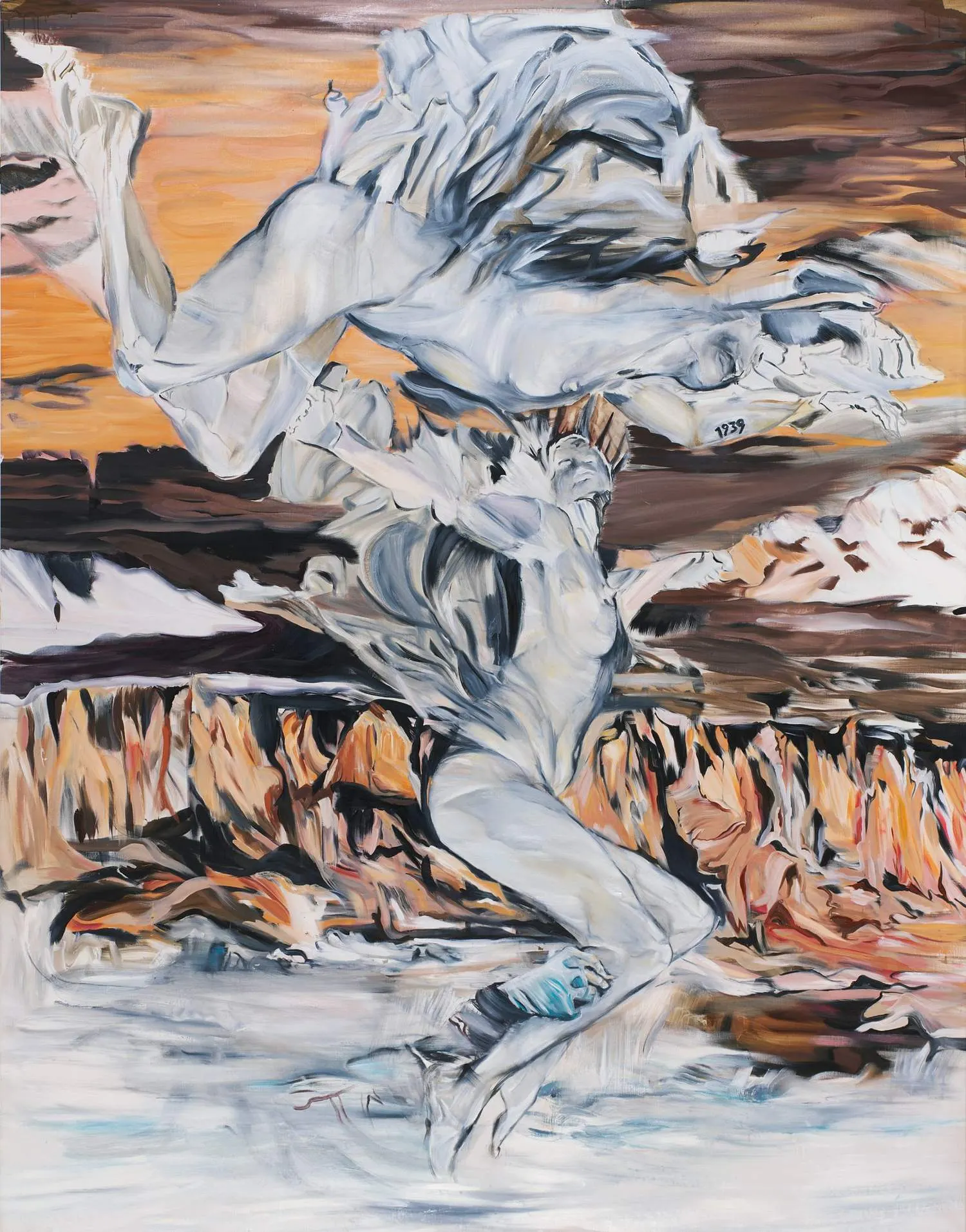 Oil painting of a white, marble-like draped figure leaping against an orange and brown sky, with the number 1939 inscribed on the fabric and jagged flame-like forms below.