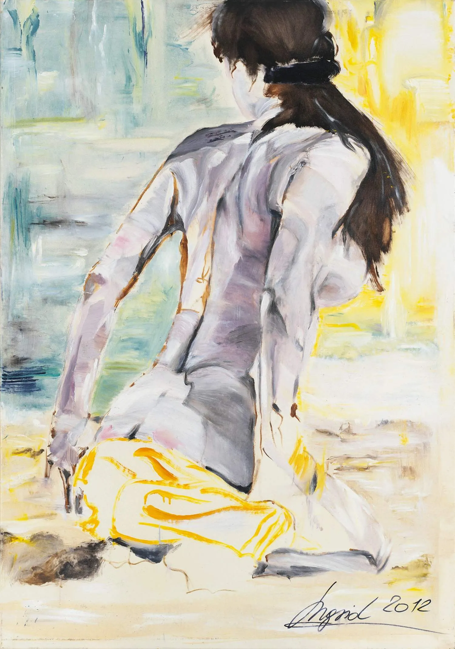 Oil painting of a nude woman crouching on a beach, seen from behind, with a teal blue background on one side and golden yellow light on the other.