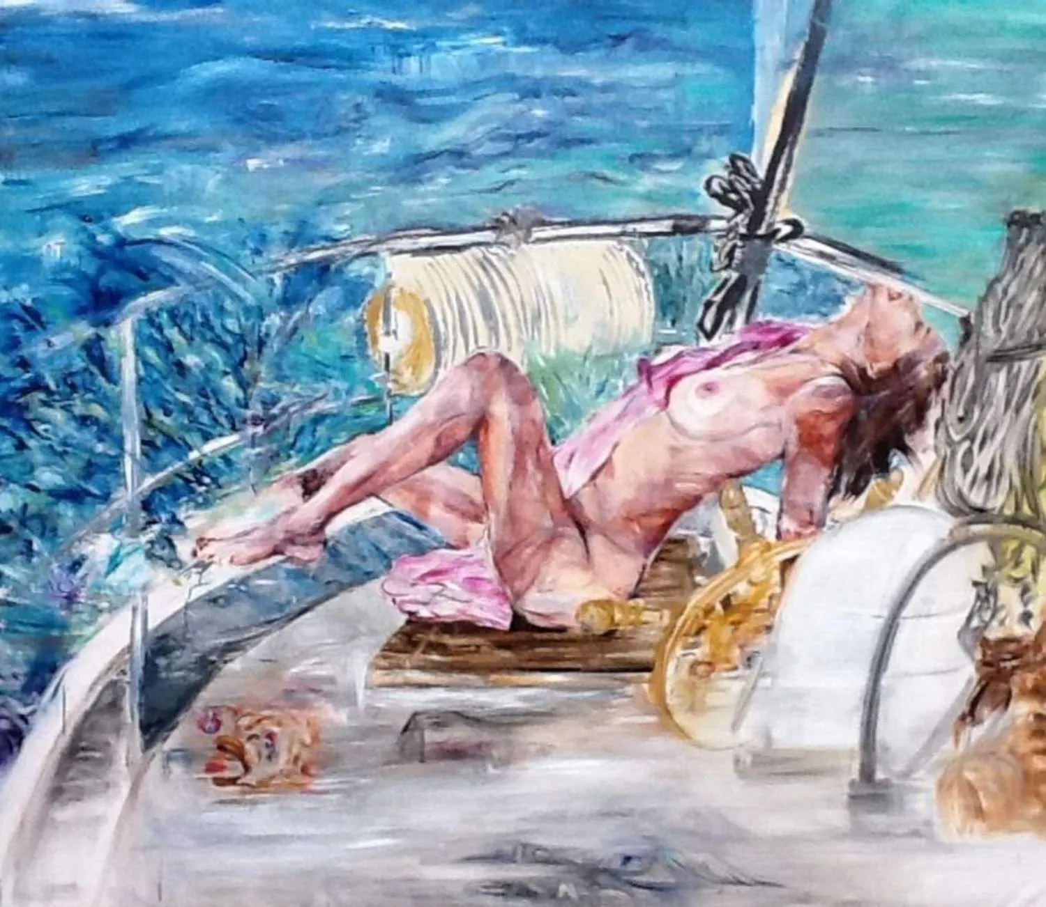 Oil painting of a nude woman reclining on the deck of a sailboat, with pink fabric beneath her and the sea in the background.