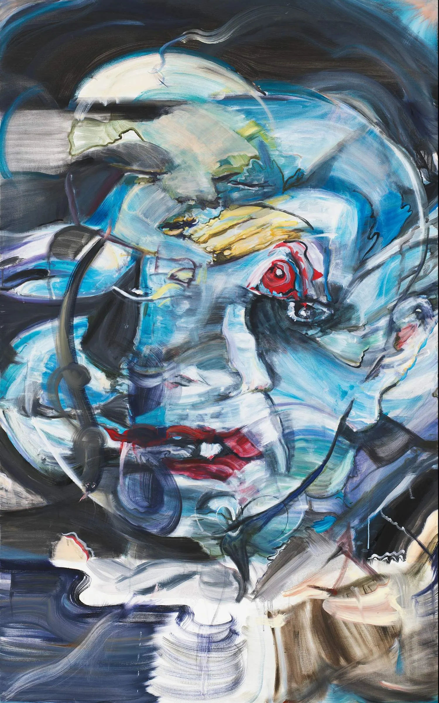 Abstract oil painting of a face emerging from swirling blue and black brushstrokes, with vivid red lips and a red and white striped eye-like shape at the center.