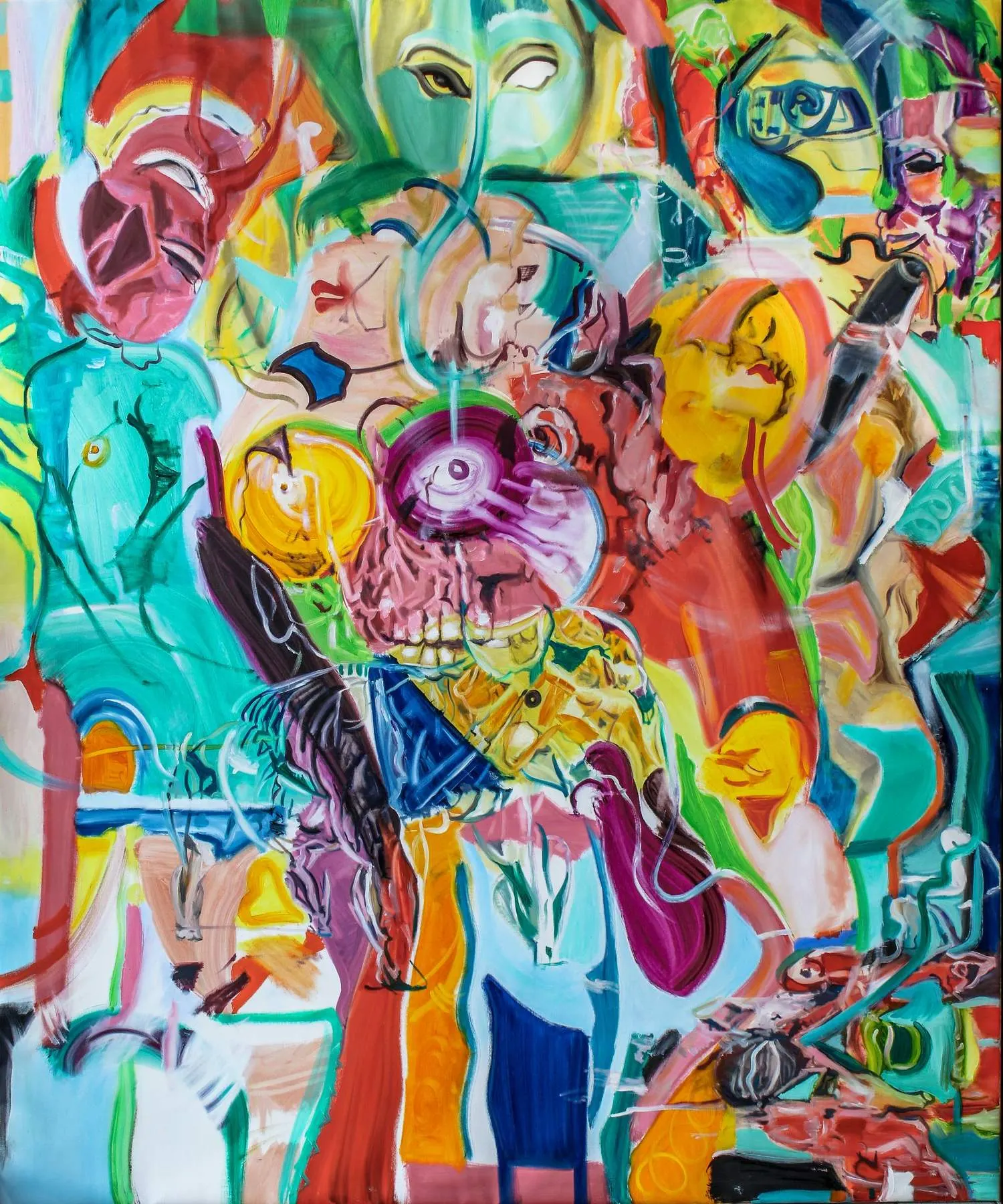 Abstract oil painting with many overlapping faces in bright colors and a central skull-like face with a spiral eye, referencing the Hindu god Ganesh.
