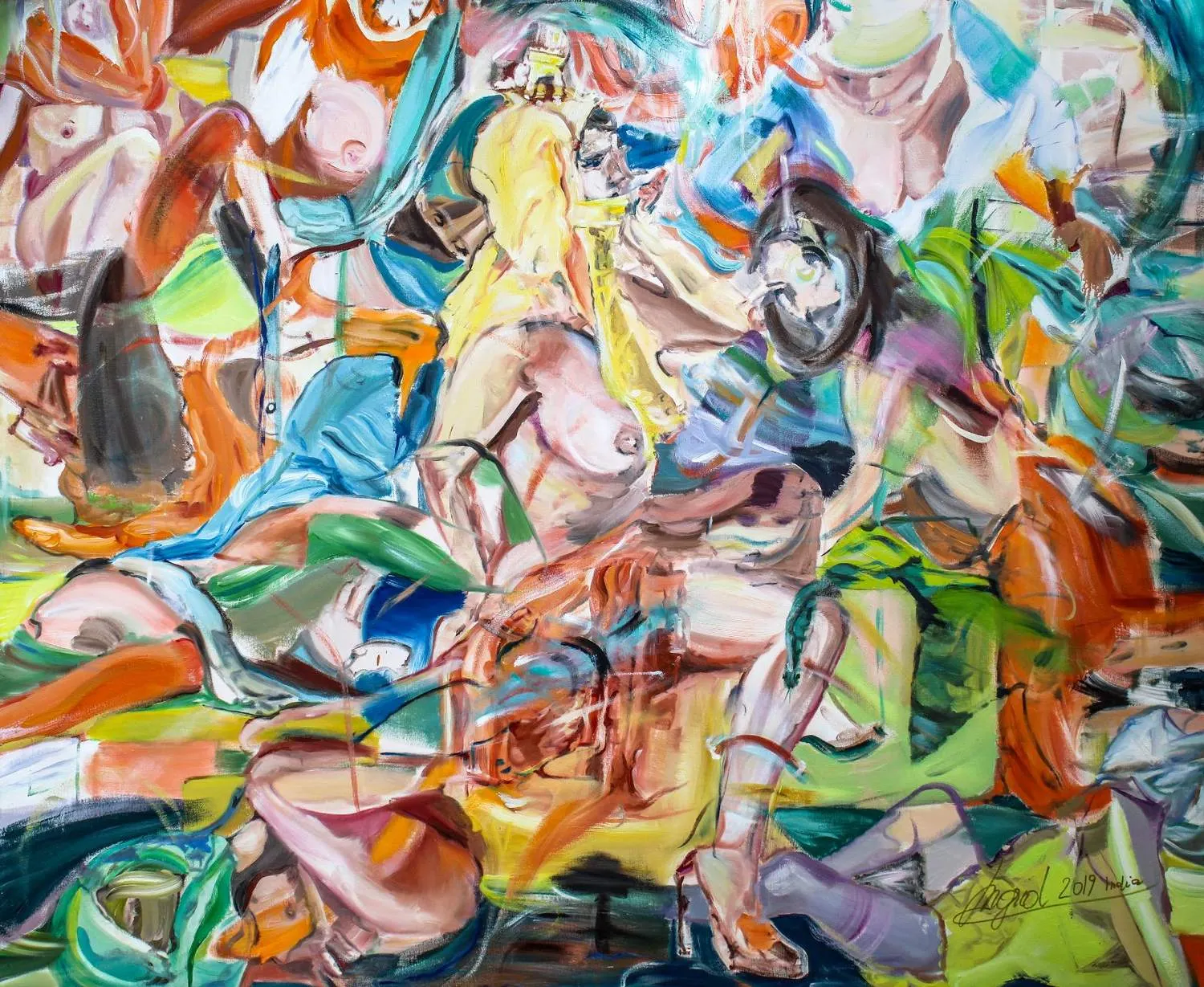 Abstract oil painting of many overlapping nude figures densely packed together in orange, teal, yellow and green.