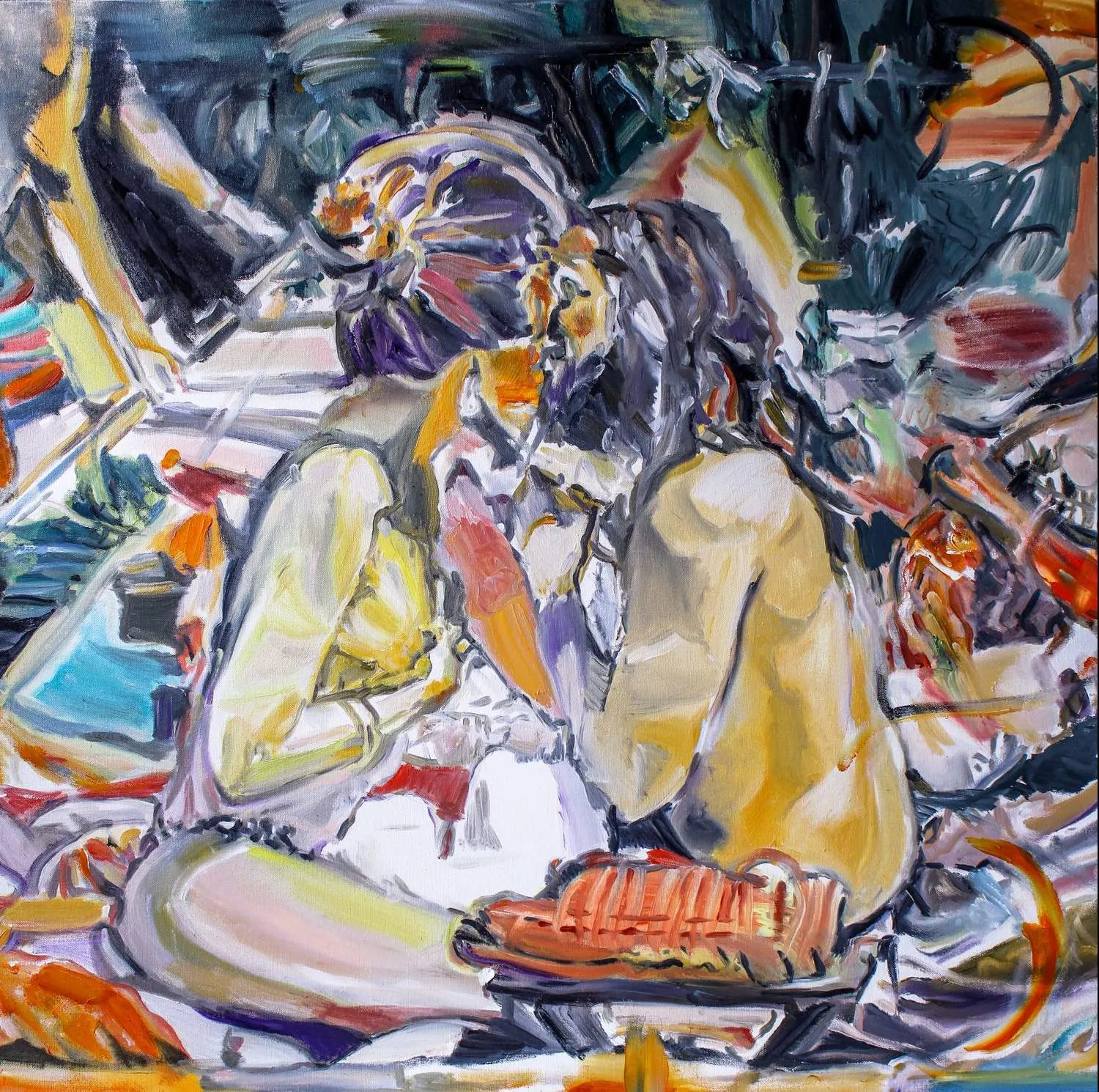 Two figures seen from behind sit close together with heads bent toward each other, surrounded by loose, colorful brushstrokes and a woven orange object at their feet.
