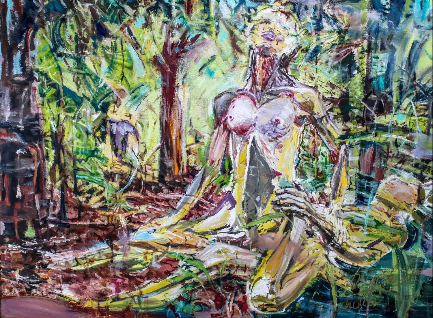 Oil painting of a nude female figure with red marks at the throat and chest, kneeling in dense green jungle foliage.