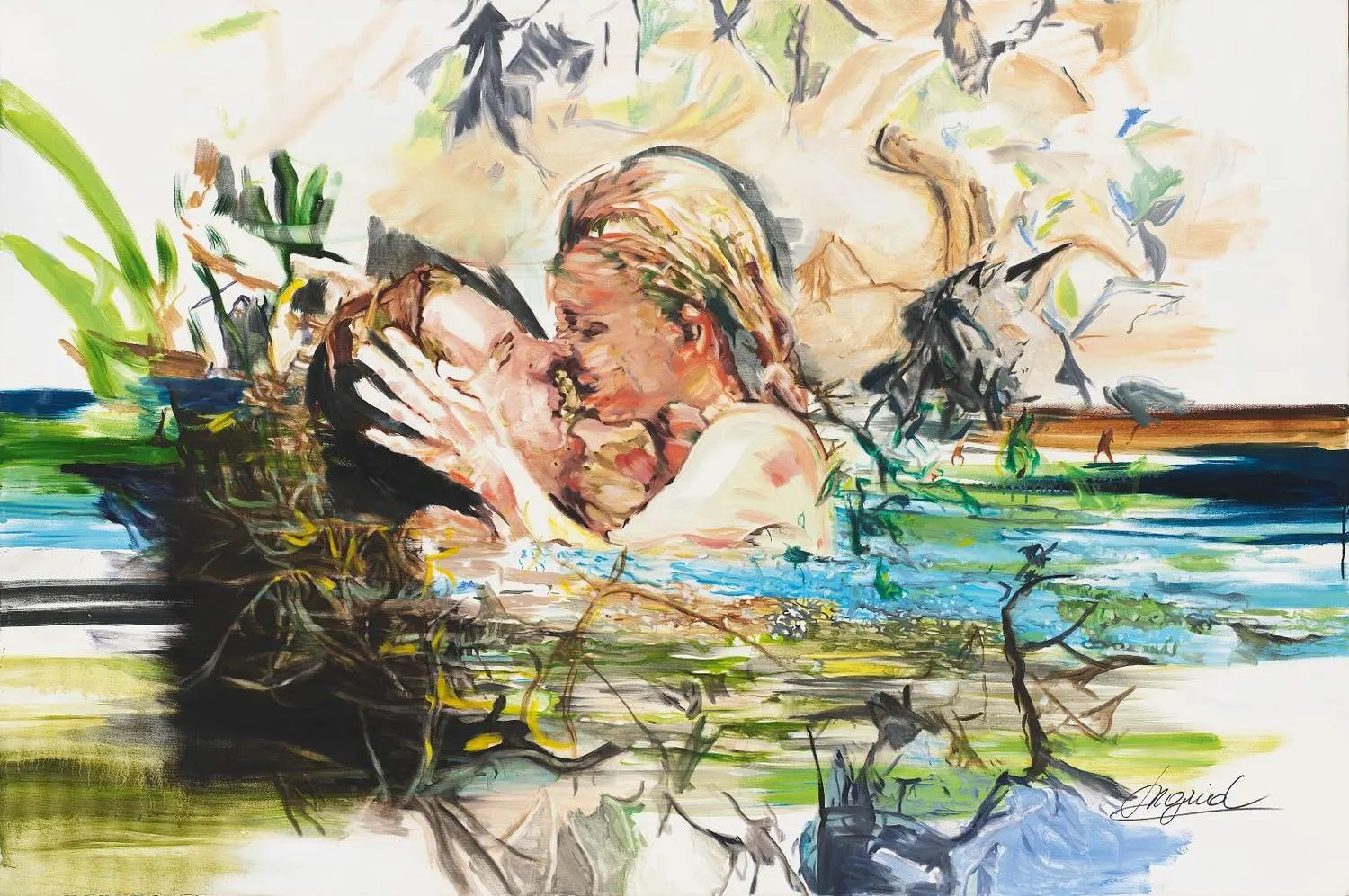 Oil painting of two lovers kissing while half submerged in a reed-filled pond, with a hazy landscape in the background.