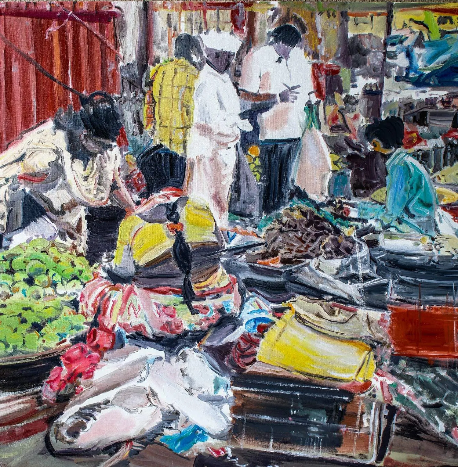 Oil painting of a crowded outdoor market in India, with a woman in a yellow blouse sitting in the foreground sorting limes and fish, and other vendors and shoppers standing behind her under a red awning.