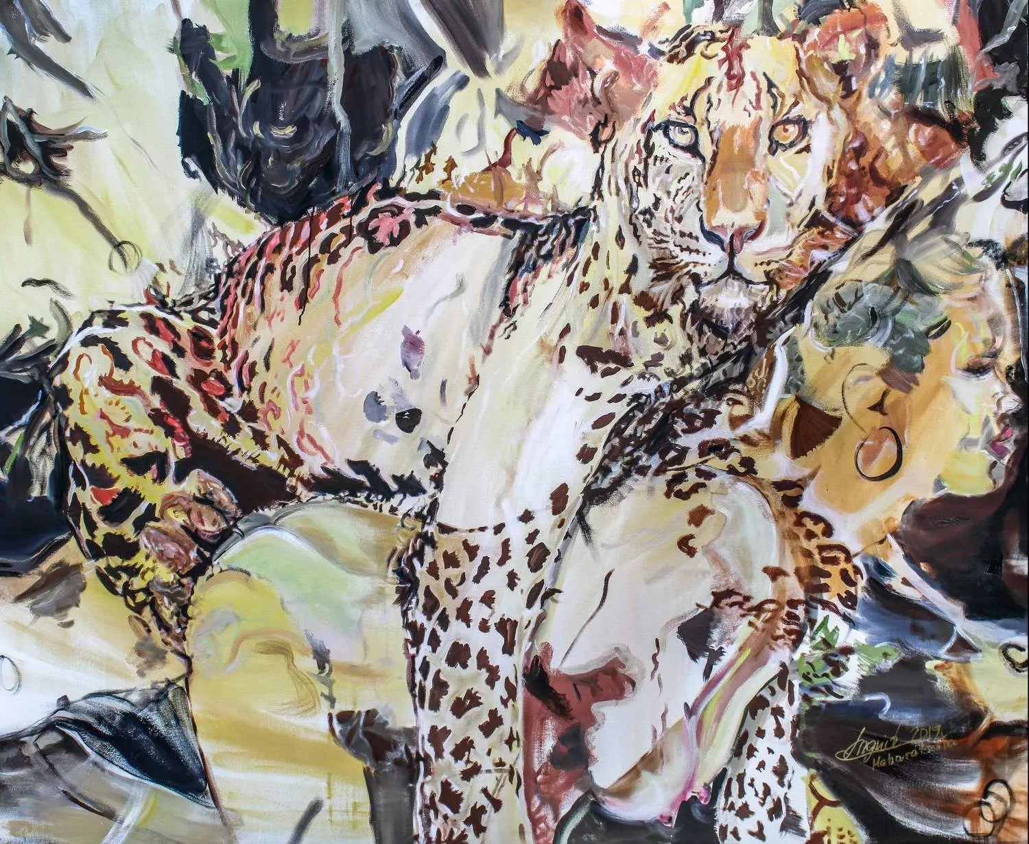 Oil painting of a leopard's head and body emerging from dense foliage, painted in yellow, black and brown brushstrokes, with a partially hidden human face visible in the background foliage.