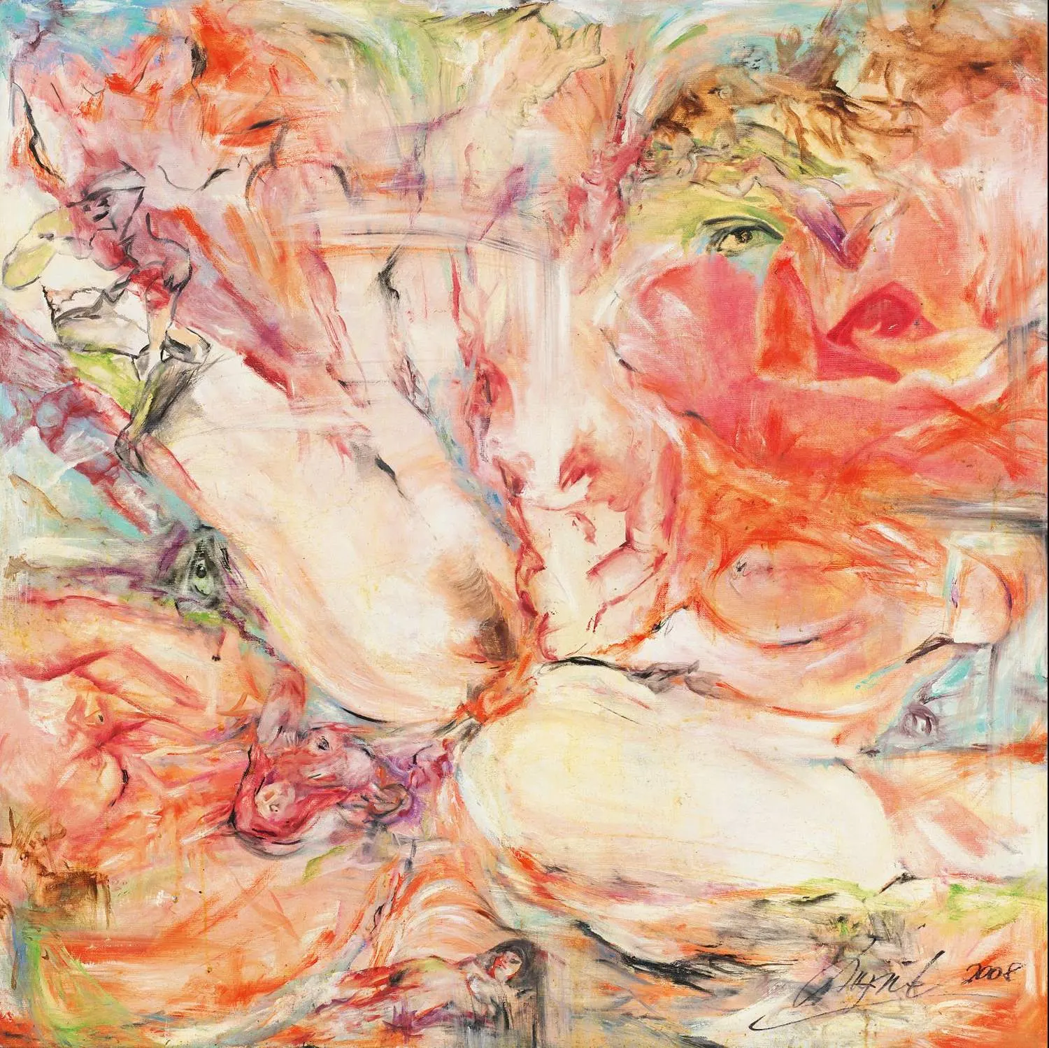 Abstract oil painting of a large red rose blending into pale, body-like curved forms, with a single eye visible among the petals.