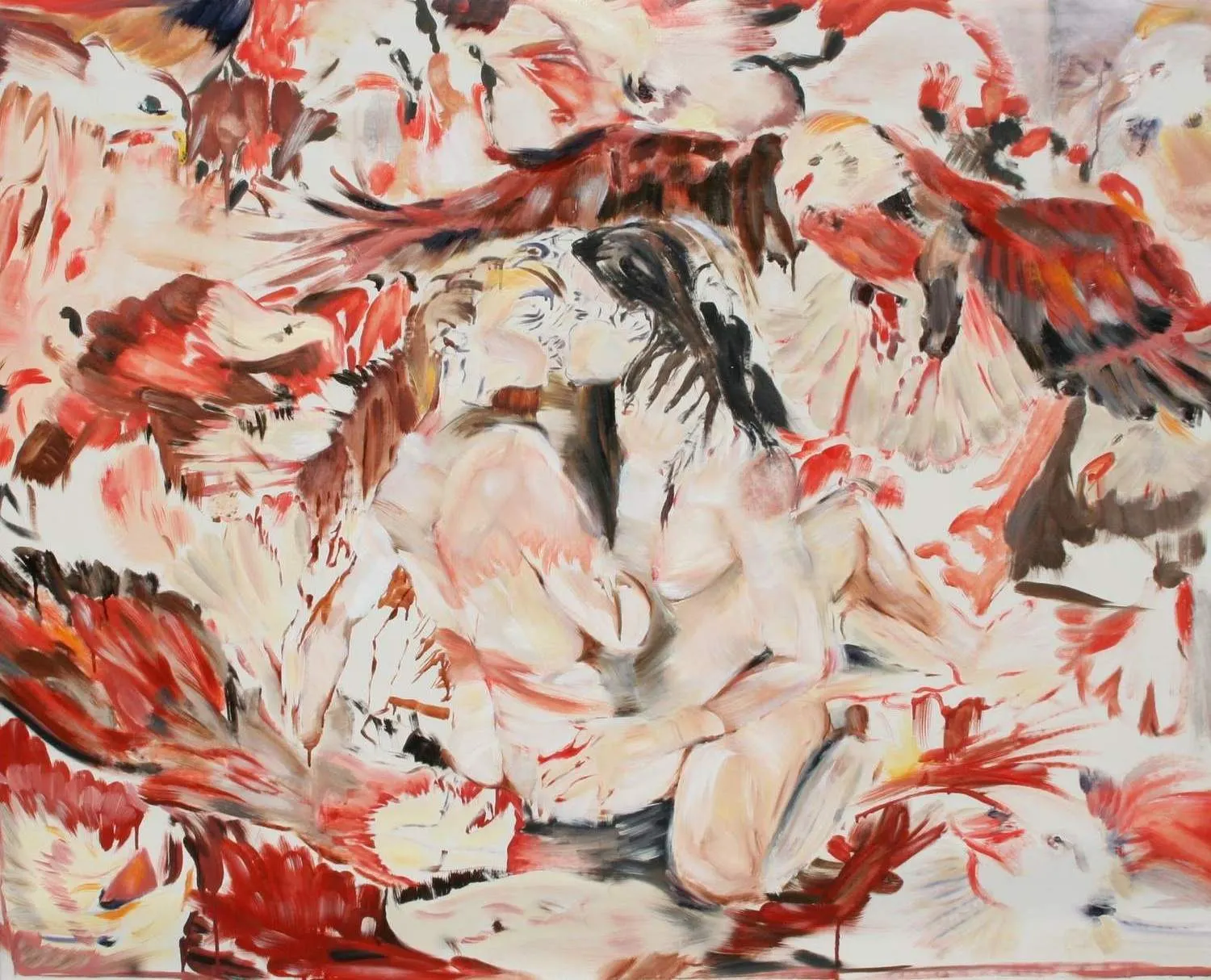 An oil painting of two nude figures embracing, surrounded by loosely painted red and brown birds with outstretched wings.