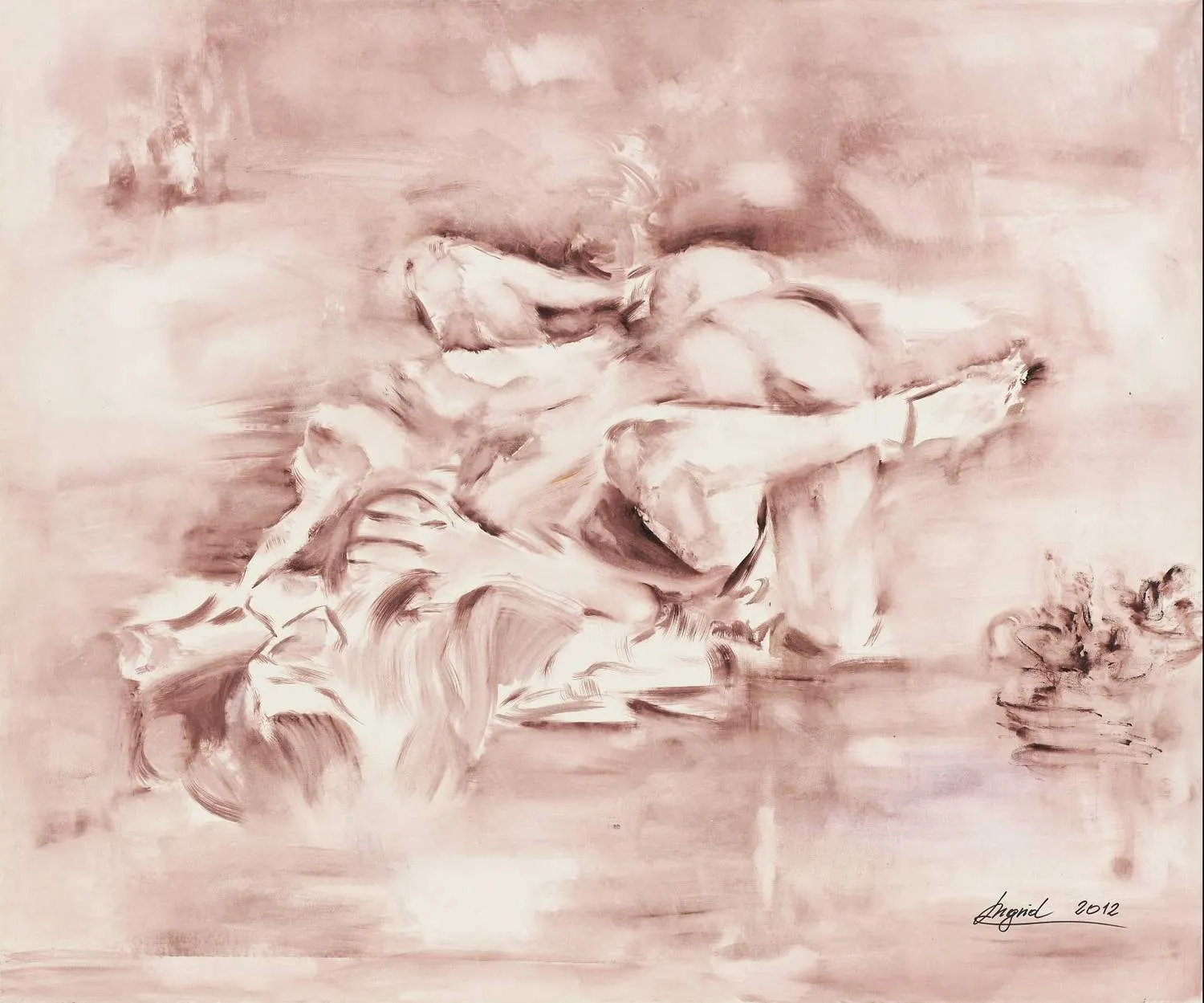 A monochrome pink-toned oil painting of a nude woman curled on her side with one leg extended, lying on rumpled fabric.