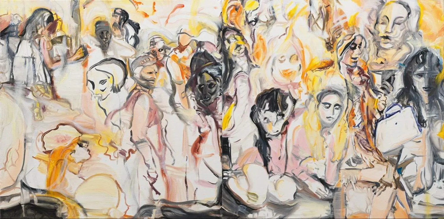 An abstract expressionist oil painting of a dense crowd of overlapping figures and faces in warm yellow, orange and pink tones, the left panel of a diptych.