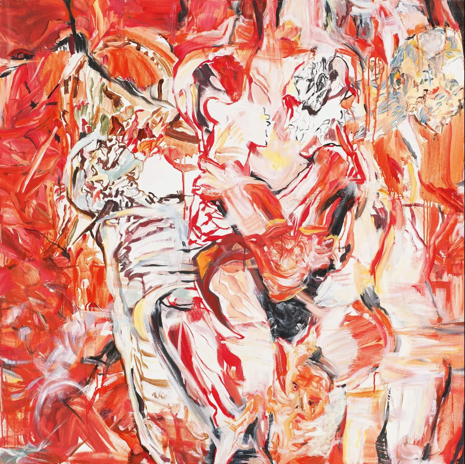 Abstract oil painting in red, orange, black and white showing a seated figure with a face in profile emerging from gestural brushwork.